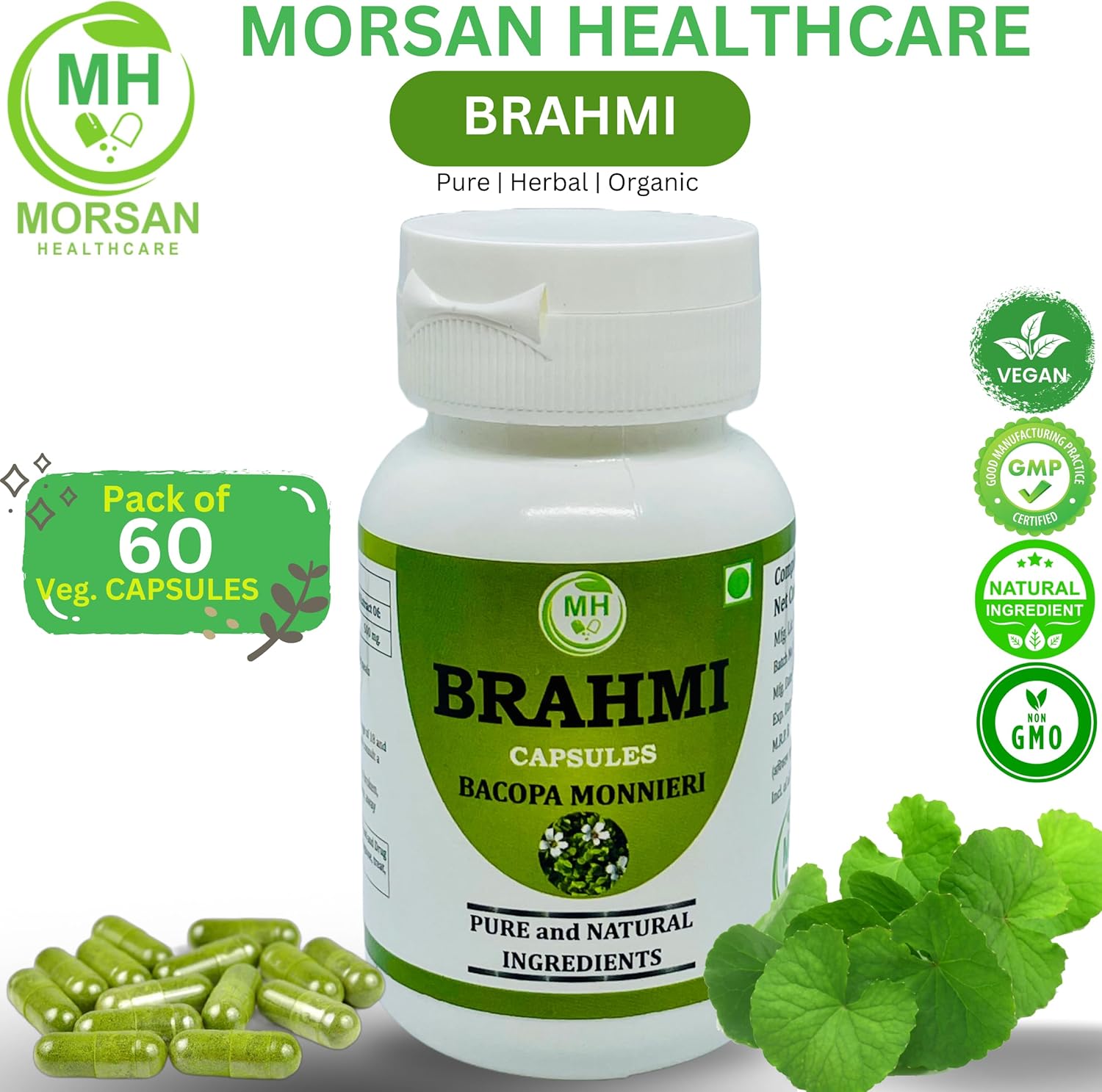 60 Veg. Capsules of Morsan Healthcare Brahmi (Centella Asiatica) 500mg - Pure Herbal Supplement (2 Pack)