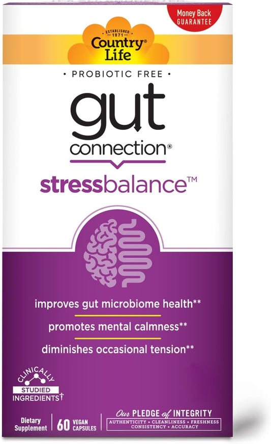60 Vegan Capsules Country Life Gut Connection Stress Balance - Certified Gluten Free, Vegan, Non-GMO