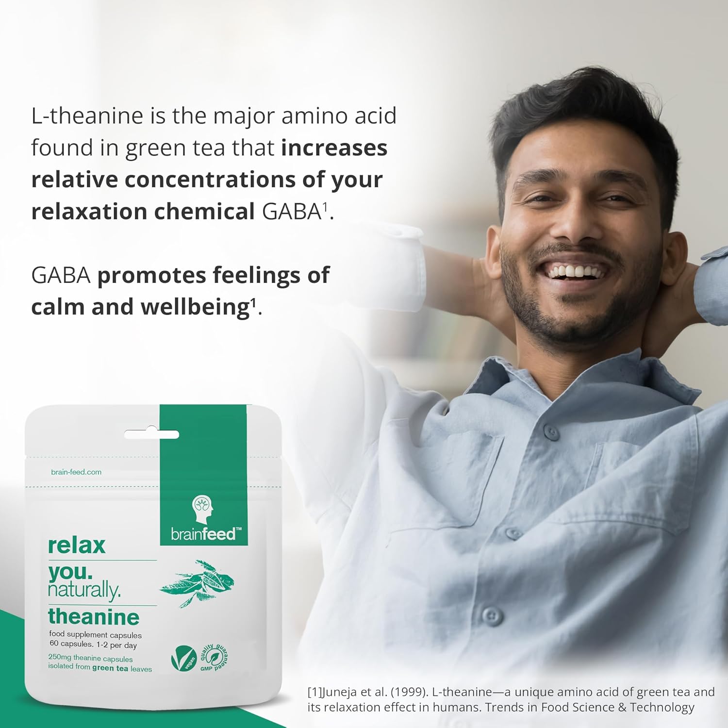 60 Vegan Capsules of 250mg Pure L-Theanine for Stress Relief, Calm Aid, and GABA Support - Lab-Tested Supplement to Feed Your Brain