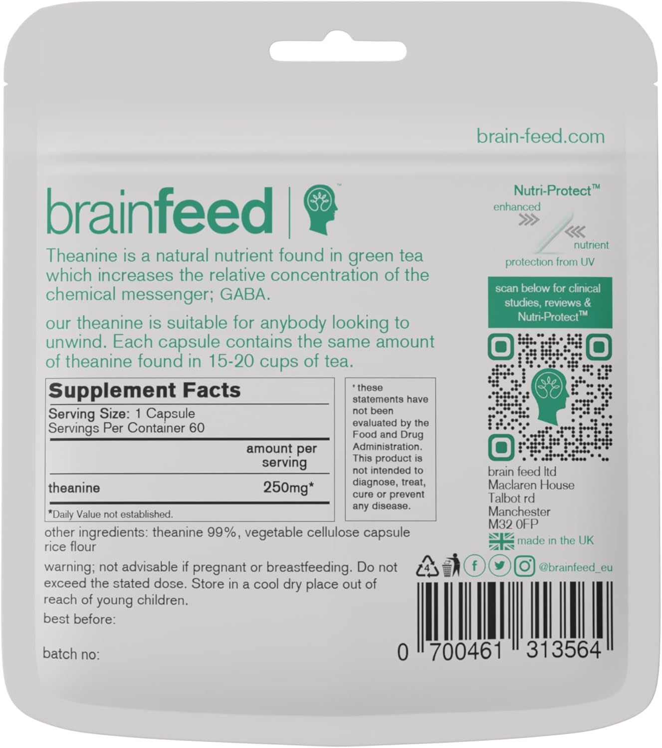 60 Vegan Capsules of 250mg Pure L-Theanine for Stress Relief, Calm Aid, and GABA Support - Lab-Tested Supplement to Feed Your Brain