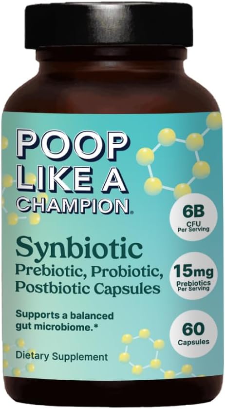 60 Vegan Capsules of Poop Like a Champion Gut Power Synbiotic with Prebiotic, Probiotic, and Postbiotic - Non-GMO Digestive Health Supplement with 6.5 Billion CFU