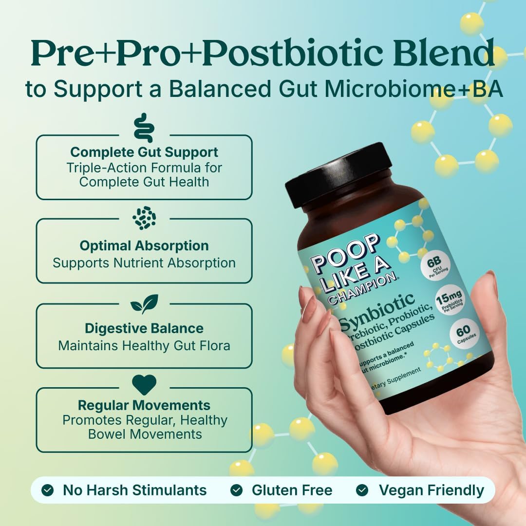 60 Vegan Capsules of Poop Like a Champion Gut Power Synbiotic with Prebiotic, Probiotic, and Postbiotic - Non-GMO Digestive Health Supplement with 6.5 Billion CFU