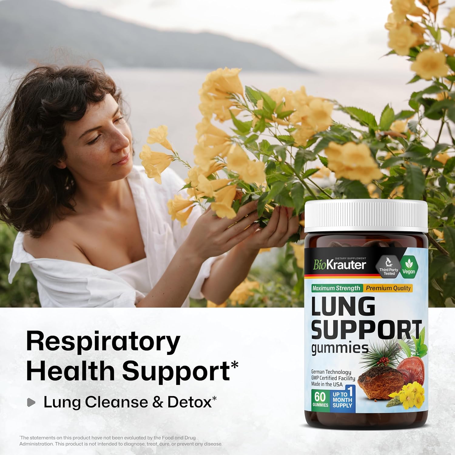 60 Vegan Lung Detox Gummies with Vitamin C & Mullein Leaf Blend for Respiratory Support