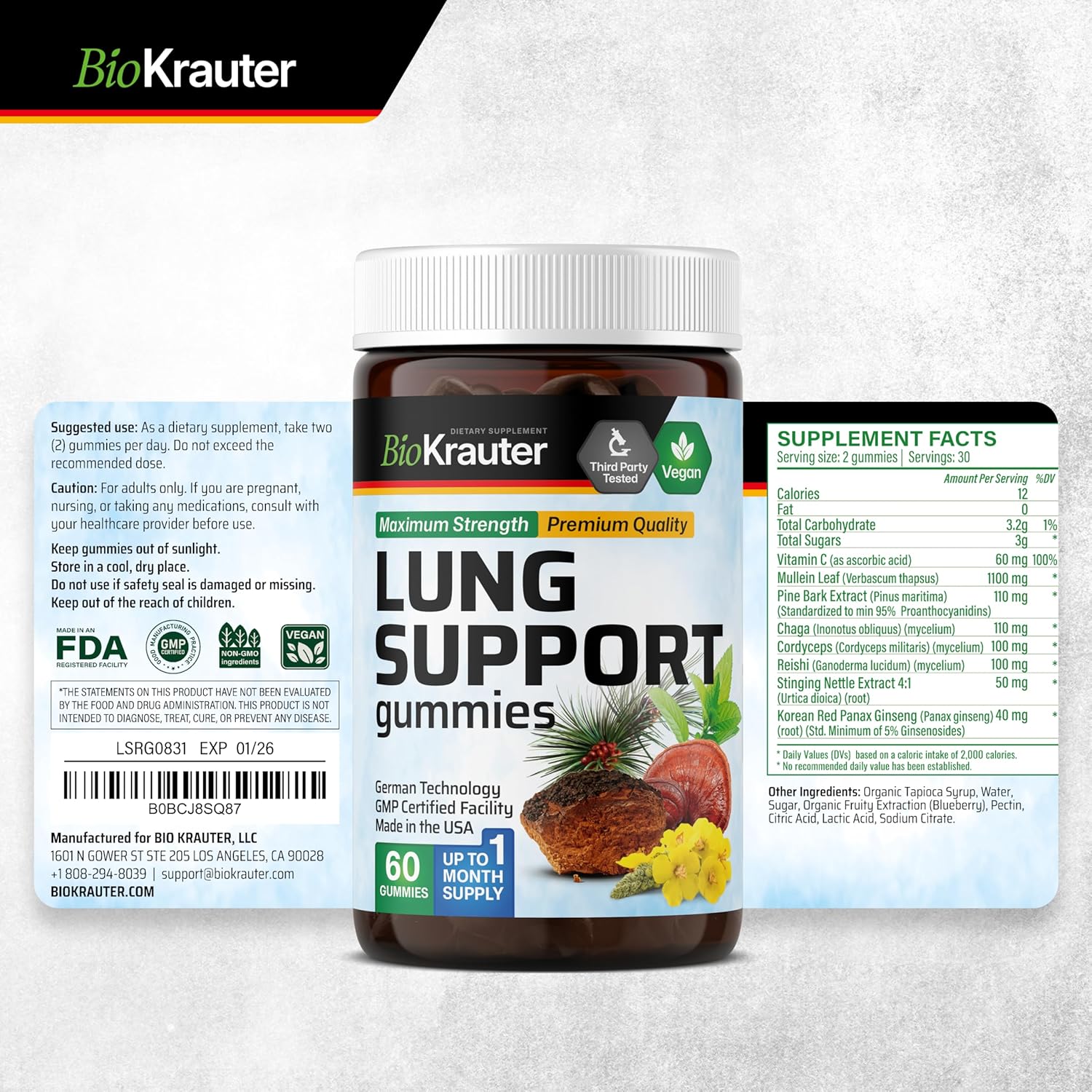 60 Vegan Lung Detox Gummies with Vitamin C & Mullein Leaf Blend for Respiratory Support