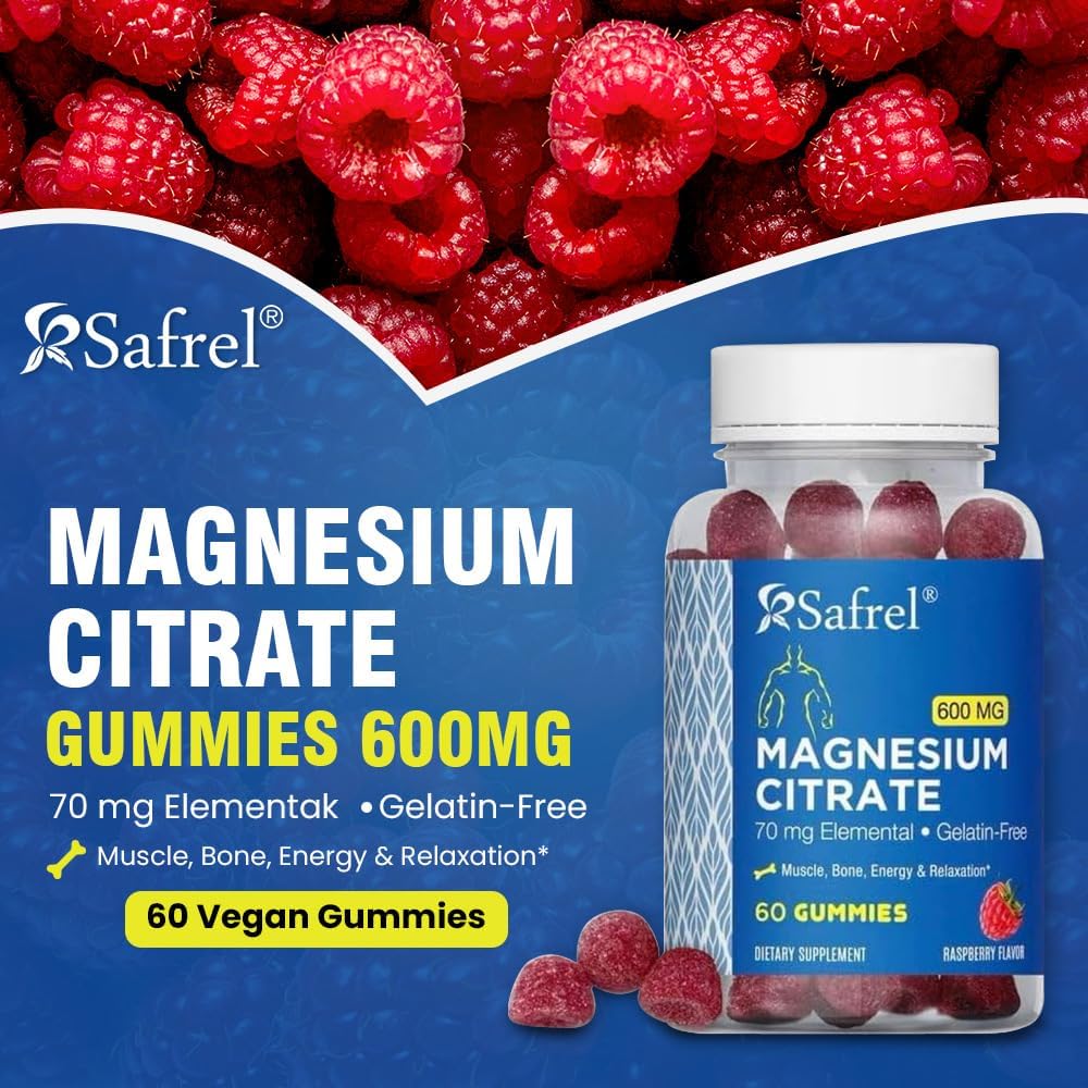 60 Vegan Raspberry Magnesium Citrate Gummies - 600mg per Serving for Muscle, Bone, & Energy Support - Promotes Relaxation - Ideal for Adults & Seniors
