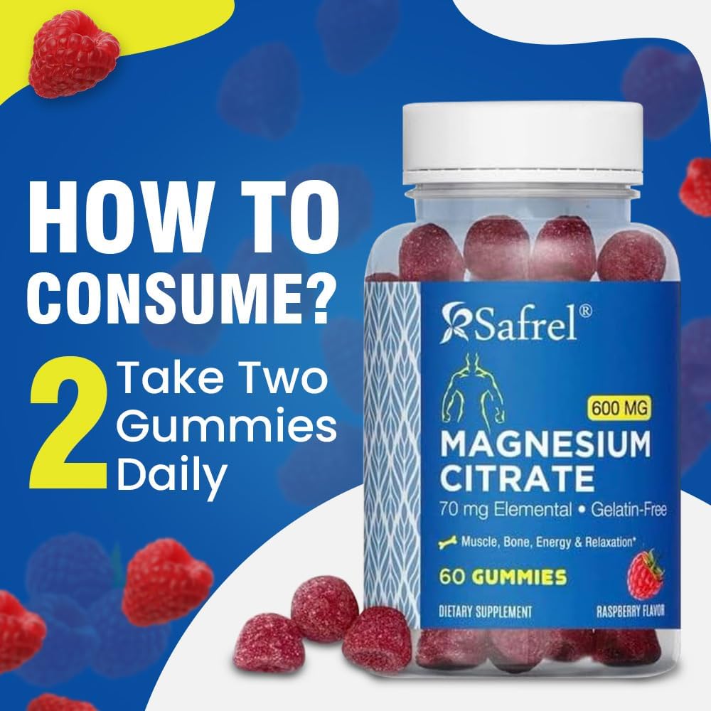 60 Vegan Raspberry Magnesium Citrate Gummies - 600mg per Serving for Muscle, Bone, & Energy Support - Promotes Relaxation - Ideal for Adults & Seniors