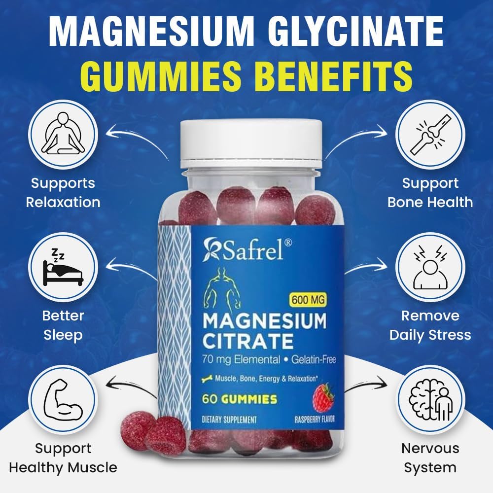 60 Vegan Raspberry Magnesium Citrate Gummies - 600mg per Serving for Muscle, Bone, & Energy Support - Promotes Relaxation - Ideal for Adults & Seniors