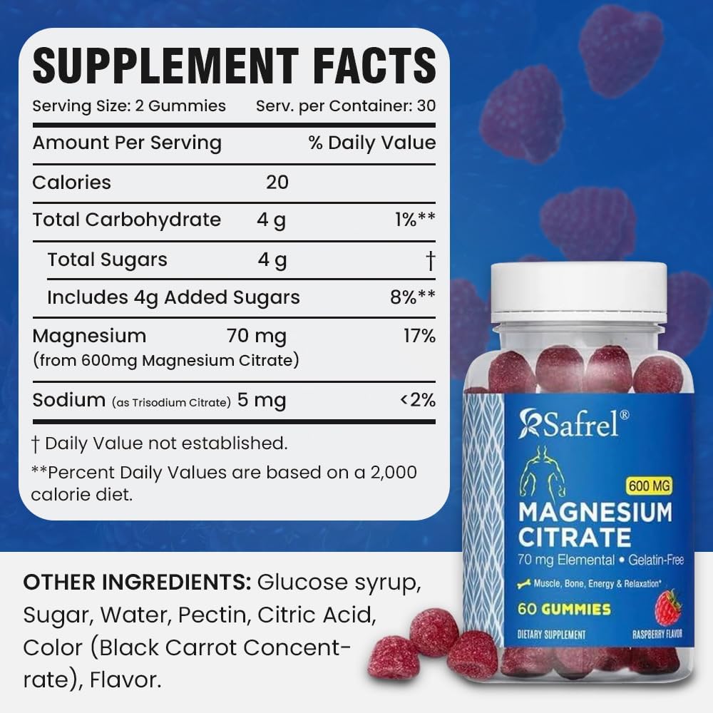 60 Vegan Raspberry Magnesium Citrate Gummies - 600mg per Serving for Muscle, Bone, & Energy Support - Promotes Relaxation - Ideal for Adults & Seniors