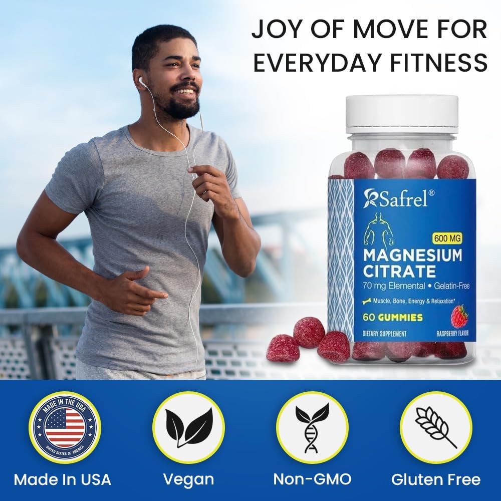 60 Vegan Raspberry Magnesium Citrate Gummies - 600mg per Serving for Muscle, Bone, & Energy Support - Promotes Relaxation - Ideal for Adults & Seniors