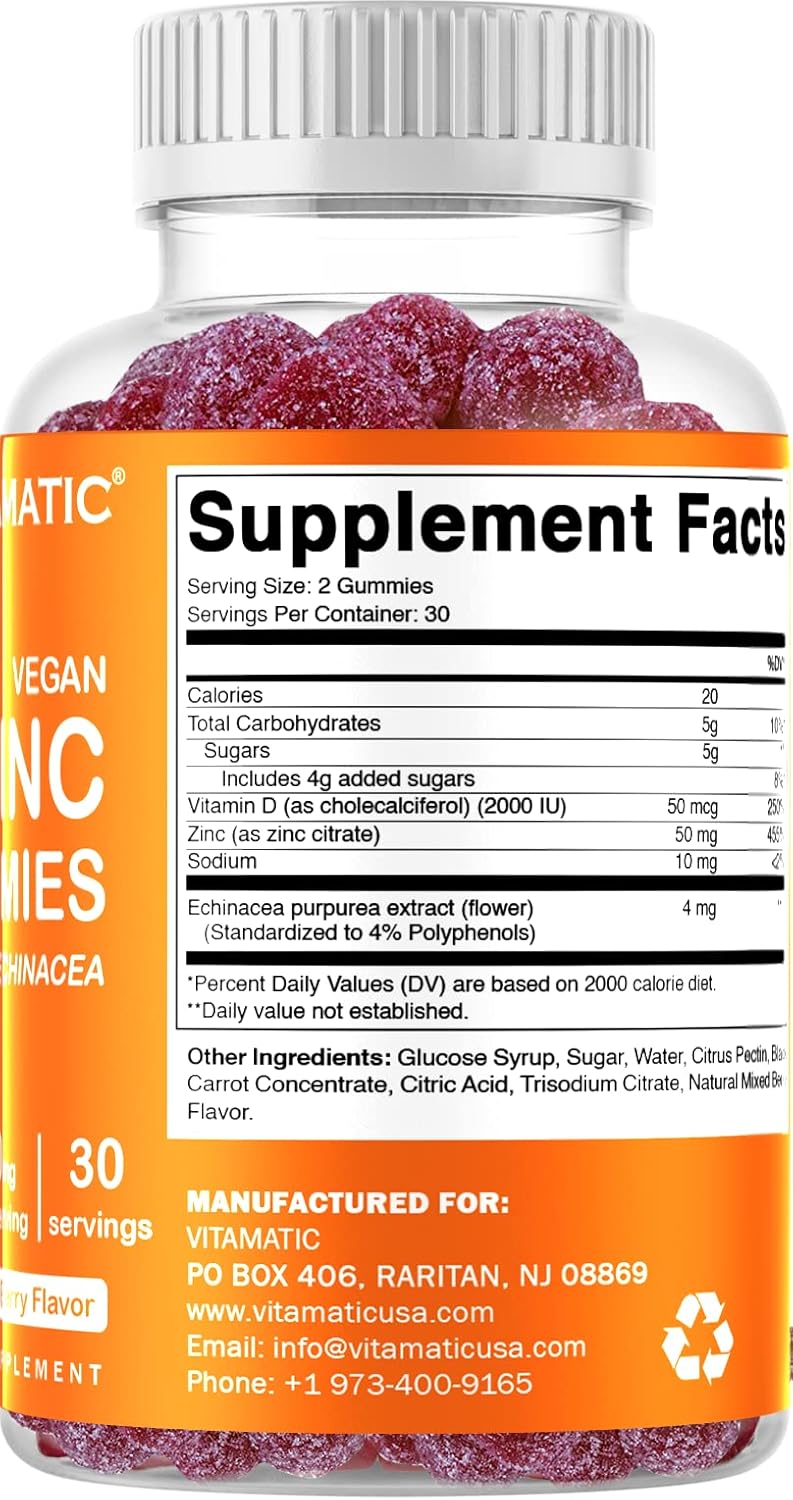 60 Vegan Zinc Gummies 50mg - Gluten Free Immune Support for Adults - Vitamatic Zinc Gummies for Men and Women
