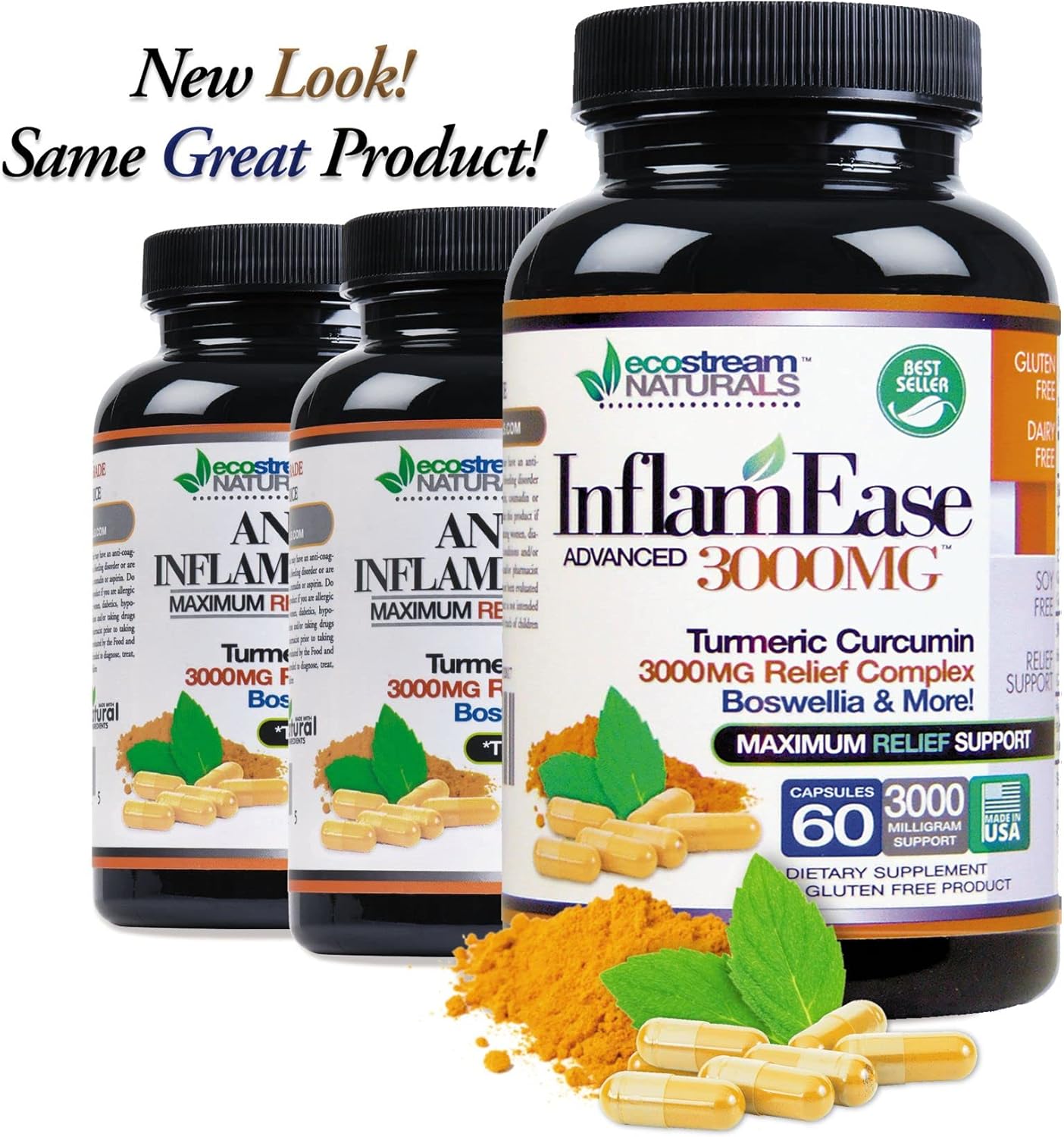 60 Vegetarian Capsules ecostream Naturals InflamEase - Gluten-Free, Suitable for Day or Night Use