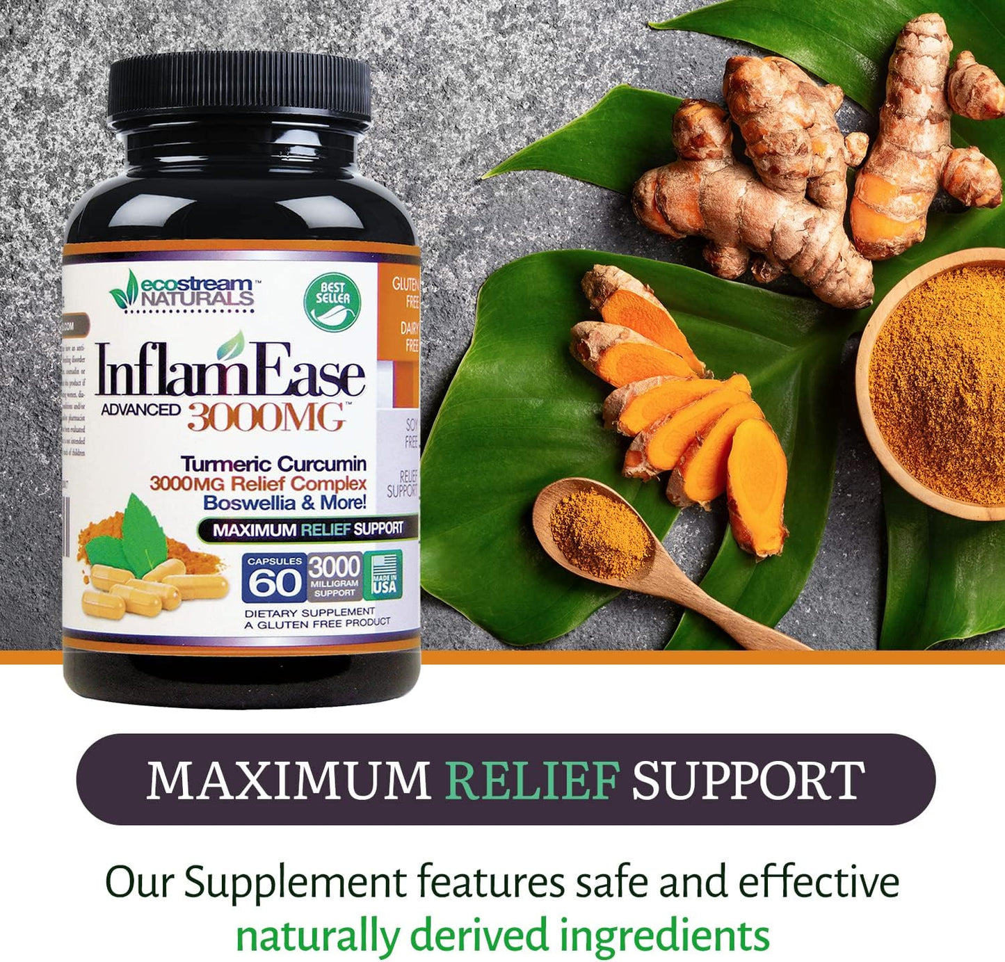 60 Vegetarian Capsules ecostream Naturals InflamEase - Gluten-Free, Suitable for Day or Night Use
