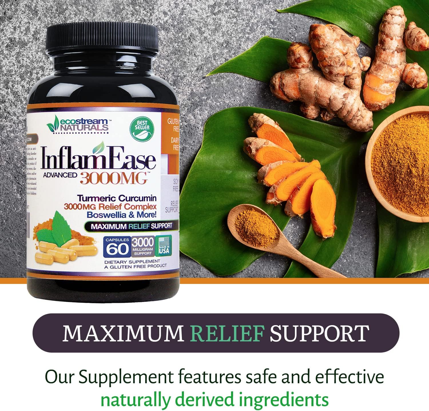 60 Vegetarian Capsules ecostream Naturals InflamEase - Gluten-Free, Suitable for Day or Night Use