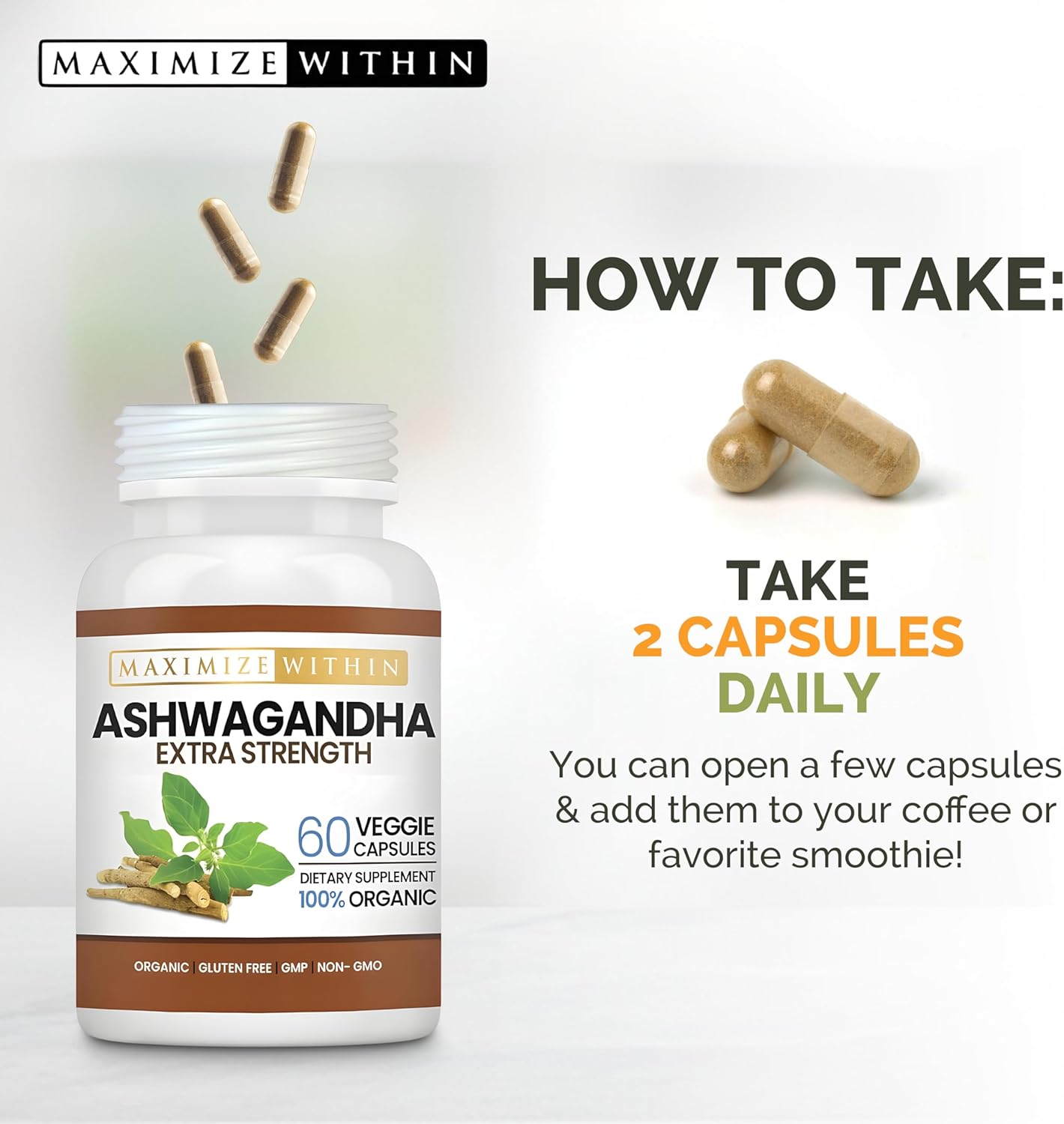 60 Vegetarian Capsules of Max Strength Ashwagandha Root for Immune Support and Balance