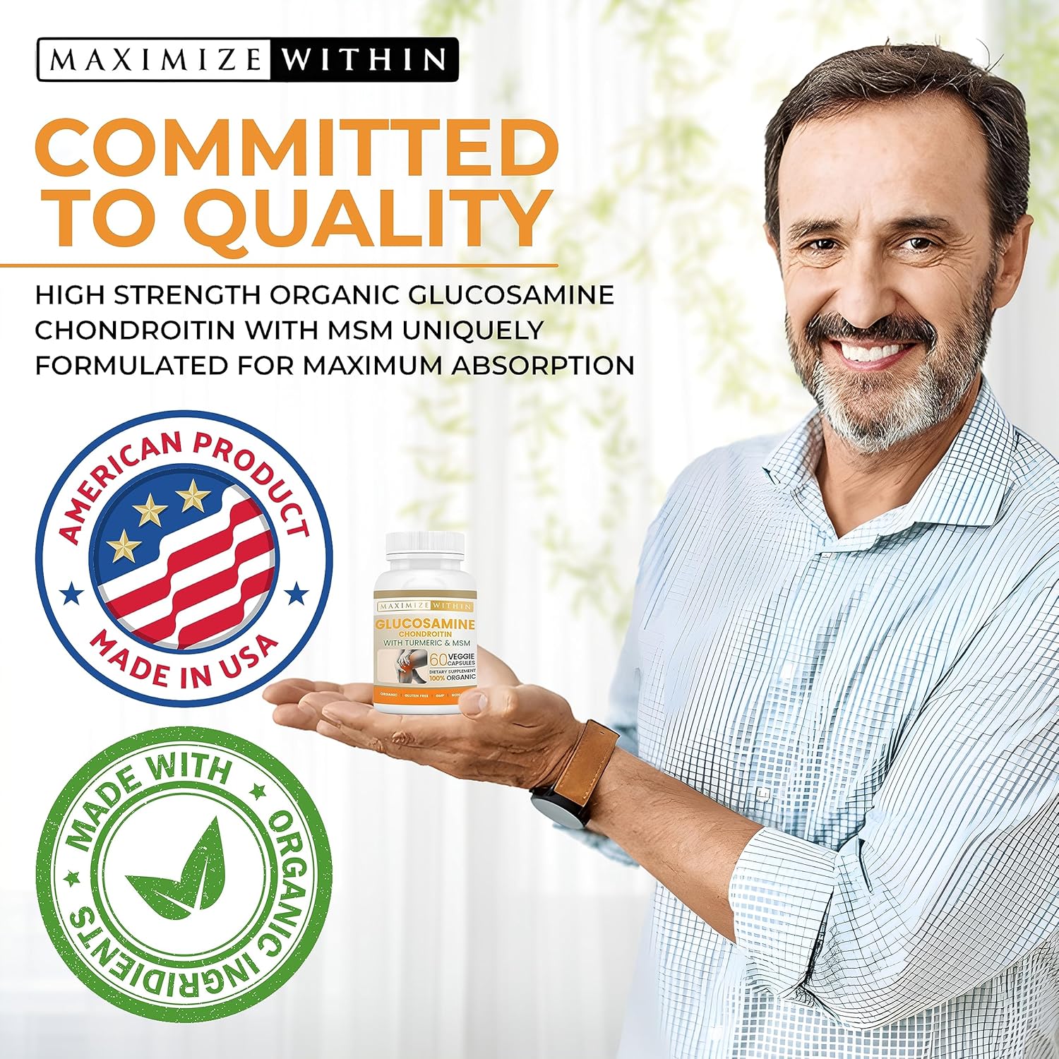 60 Veggie Capsules of Glucosamine Chondroitin with Turmeric & MSM for Optimal Joint Health