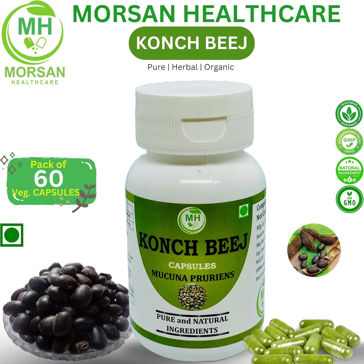 60 x 500 mg Mucuna Pruriens Capsules by Morsan Healthcare - Natural Herbal Supplement