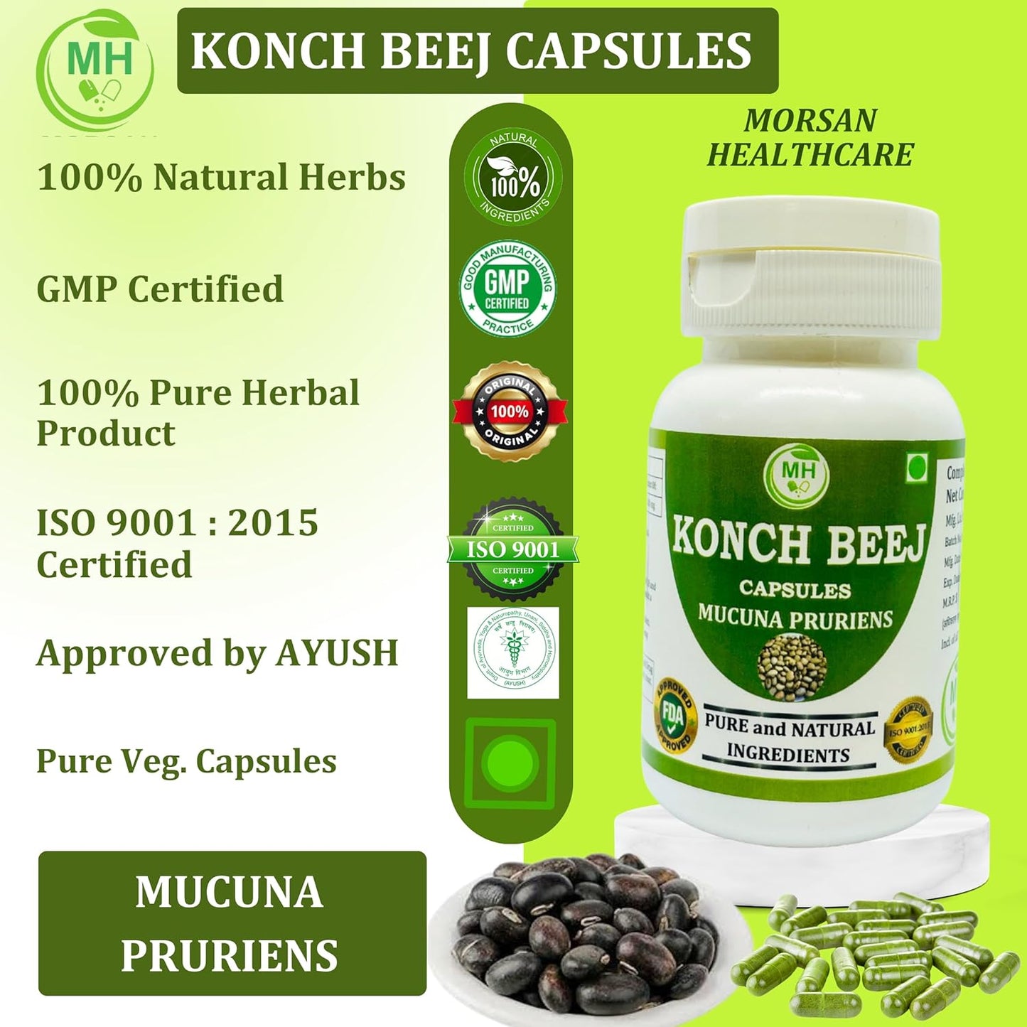 60 x 500 mg Mucuna Pruriens Capsules by Morsan Healthcare - Natural Herbal Supplement