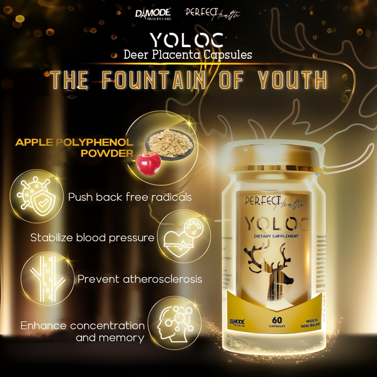 60 YOLOC New Zealand Deer Placenta Capsules with Algae DHA, Fucoidan, and Apple Polyphenol - Dietary Supplements for Anti-Aging, Heart, Neural Health, and Immune Support