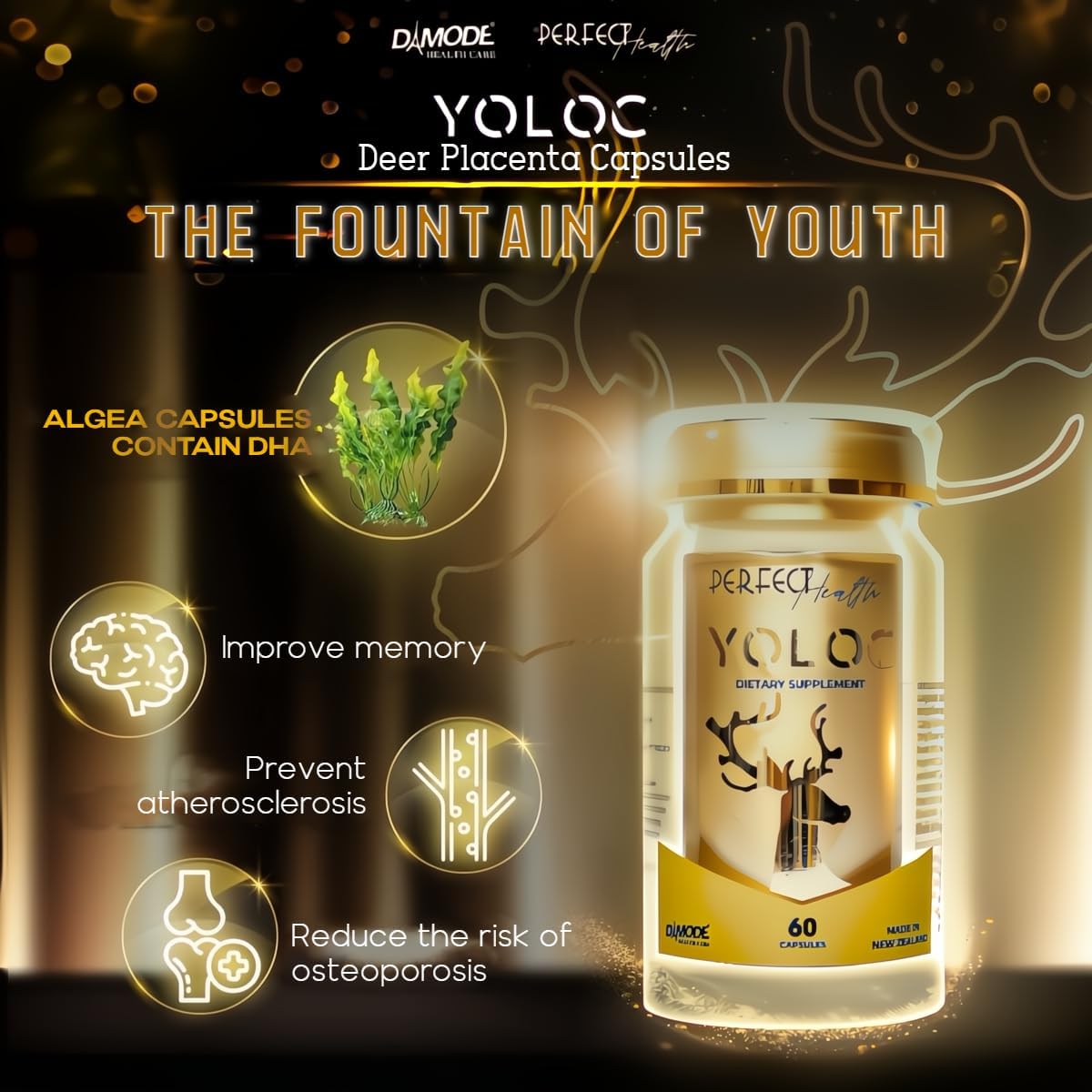 60 YOLOC New Zealand Deer Placenta Capsules with Algae DHA, Fucoidan, and Apple Polyphenol - Dietary Supplements for Anti-Aging, Heart, Neural Health, and Immune Support