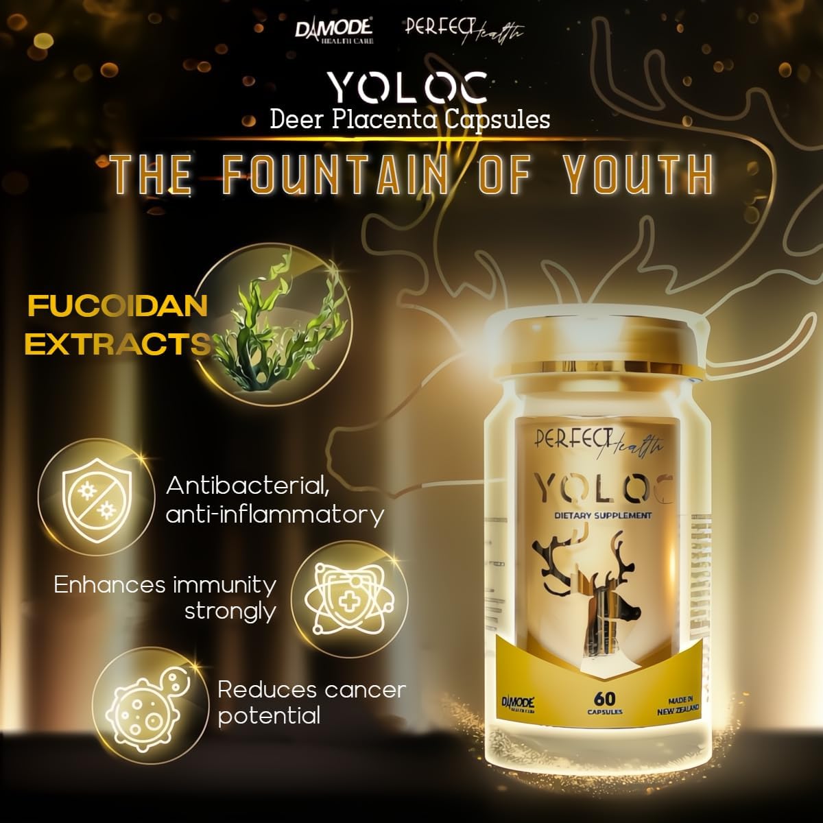 60 YOLOC New Zealand Deer Placenta Capsules with Algae DHA, Fucoidan, and Apple Polyphenol - Dietary Supplements for Anti-Aging, Heart, Neural Health, and Immune Support