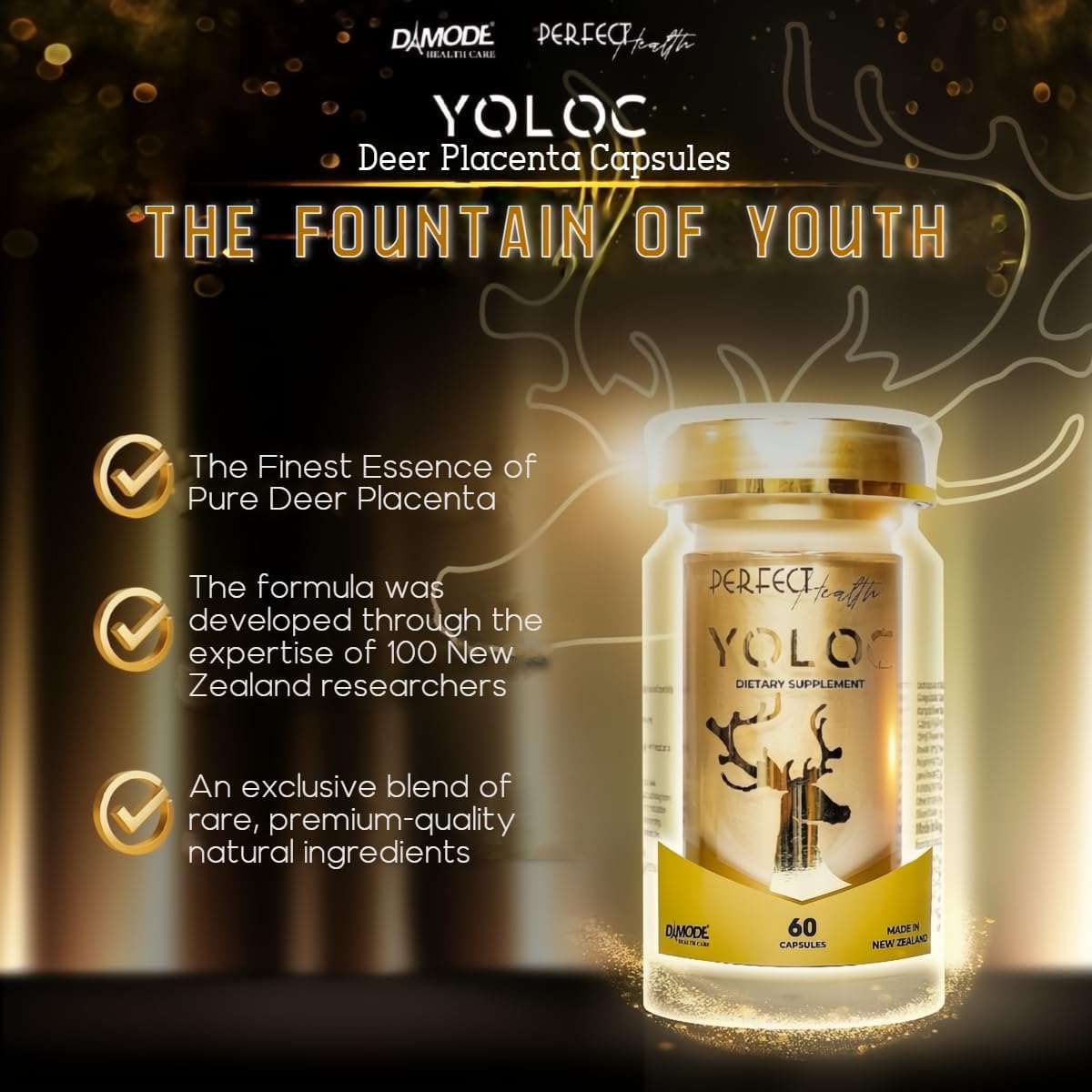 60 YOLOC New Zealand Deer Placenta Capsules with Algae DHA, Fucoidan, and Apple Polyphenol - Dietary Supplements for Anti-Aging, Heart, Neural Health, and Immune Support