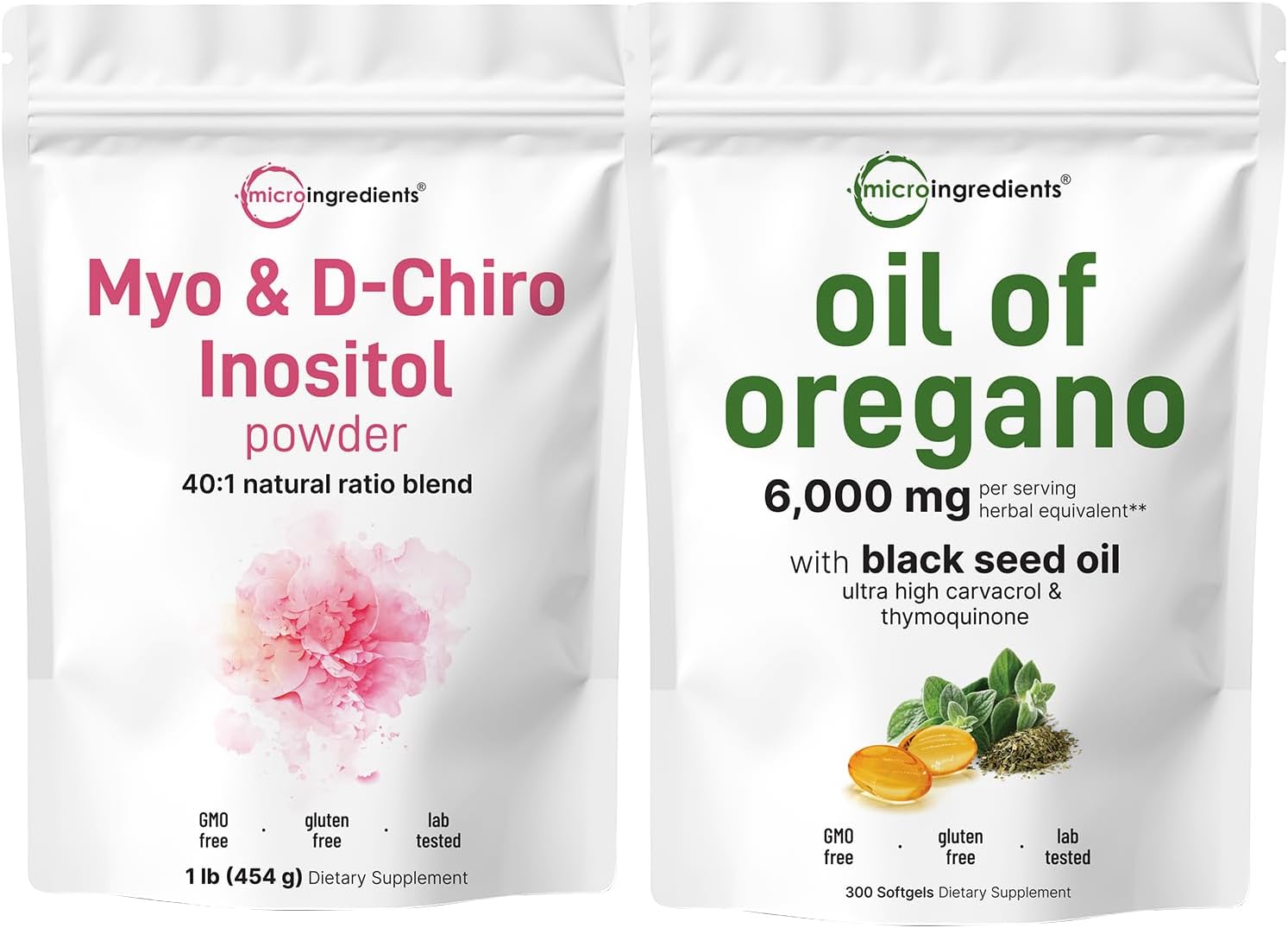 6,000mg Oil of Oregano Softgels & Myo & D-Chiro Inositol Powder Bundle | 4X Strength Carvacrol & Thymoquinone | Women's Inositol Supplement - 2 Pack