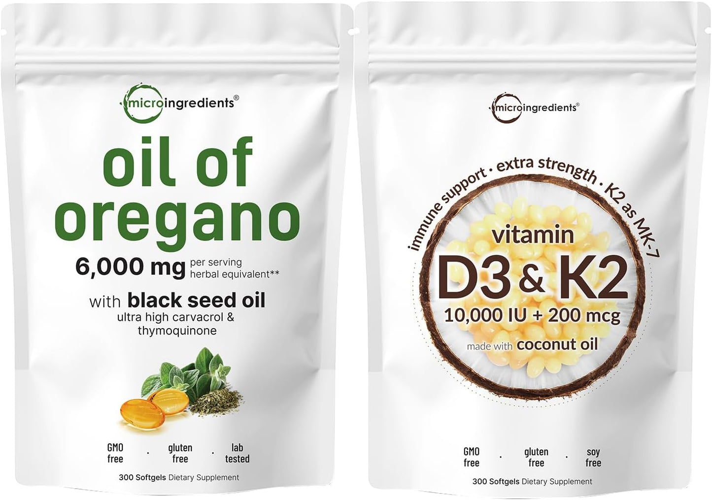 6,000mg Oil of Oregano Softgels with Vitamin D3, K2, and Coconut Oil Bundle - 2 Pack | High Carvacrol & Thymoquinon Strength | Essential Sunshine Vitamins