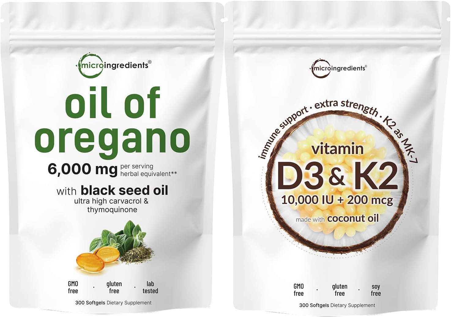 6,000mg Oil of Oregano Softgels with Vitamin D3, K2, and Coconut Oil Bundle - 2 Pack | High Carvacrol & Thymoquinon Strength | Essential Sunshine Vitamins