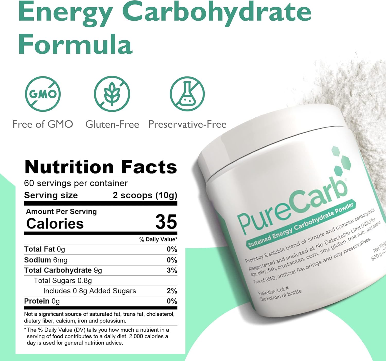 600g PureCarb Powder: Sustained Energy Blend of Simple & Complex Carbs, Non-GMO