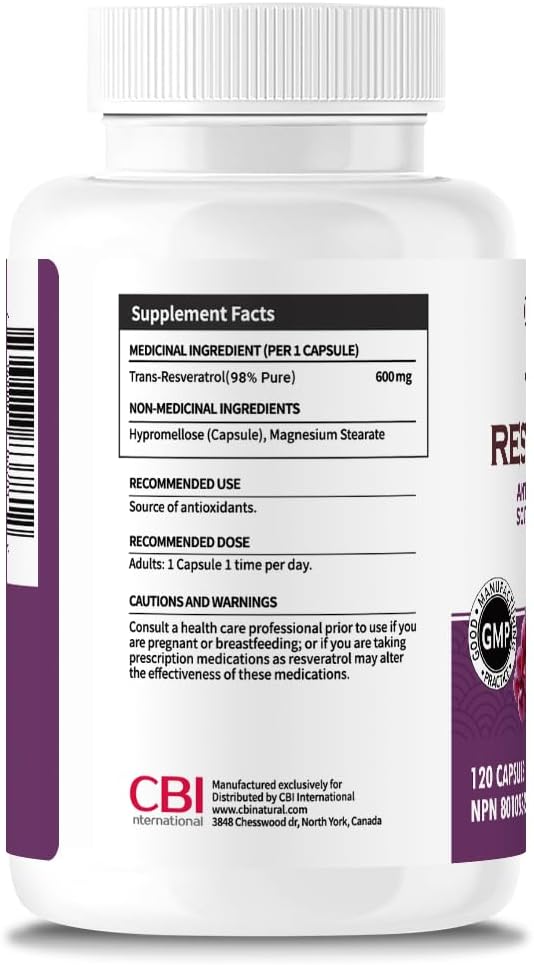 600mg 98% Pure Trans-Resveratrol Capsules - 120 Vegan Capsules, 4-Month Supply