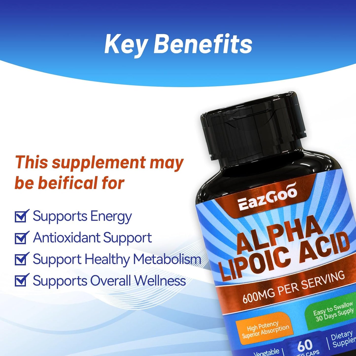600mg Alpha Lipoic Acid Supplement - Vegan & Gluten Free - Non-GMO ALA Capsules - 60 Count