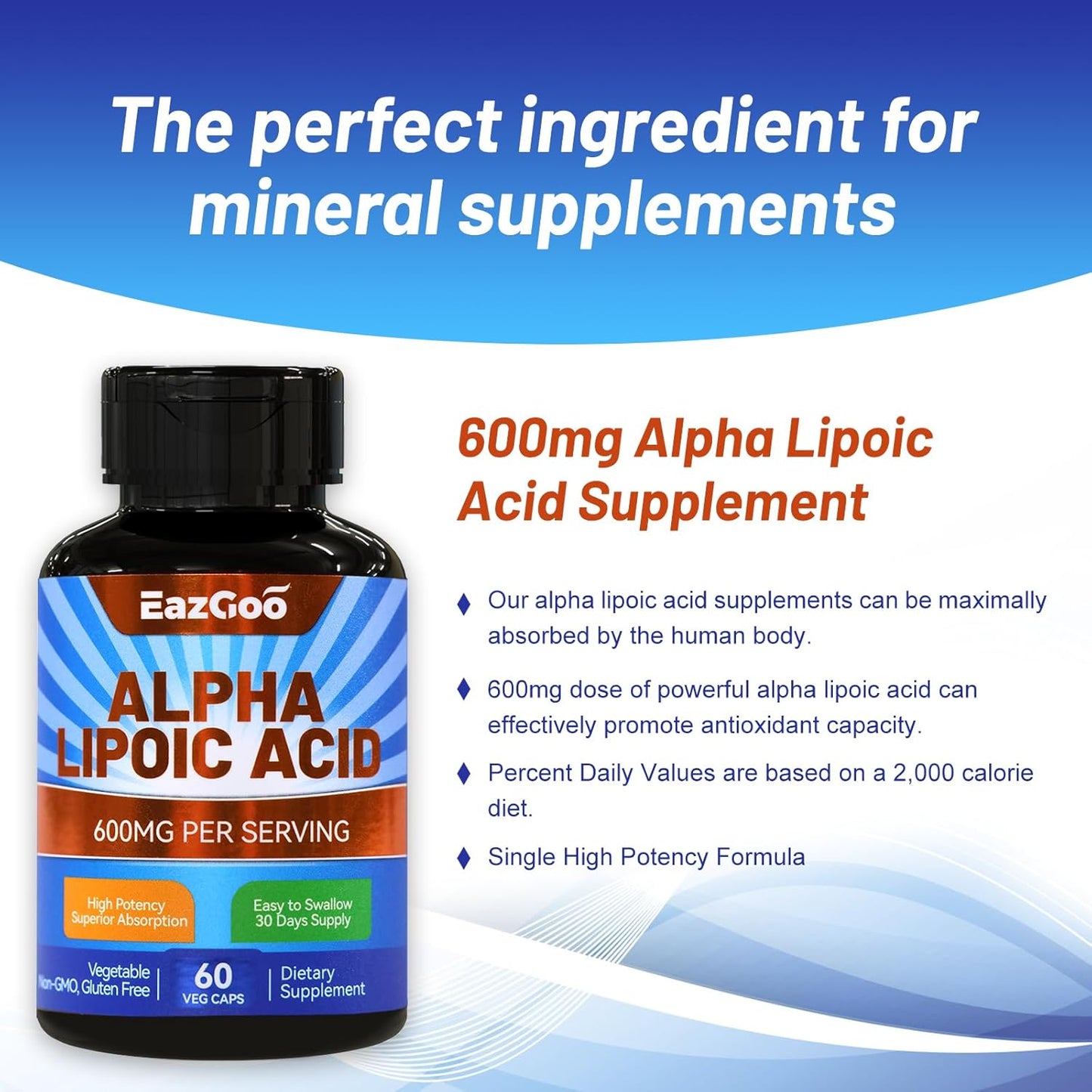 600mg Alpha Lipoic Acid Supplement - Vegan & Gluten Free - Non-GMO ALA Capsules - 60 Count