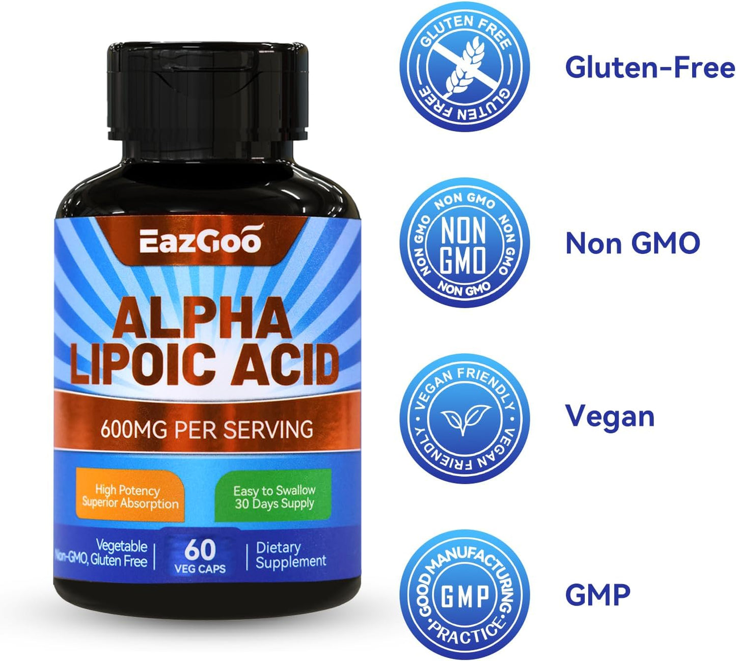 600mg Alpha Lipoic Acid Supplement - Vegan & Gluten Free - Non-GMO ALA Capsules - 60 Count