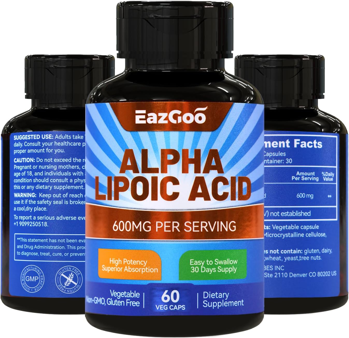 600mg Alpha Lipoic Acid Supplement - Vegan & Gluten Free - Non-GMO ALA Capsules - 60 Count