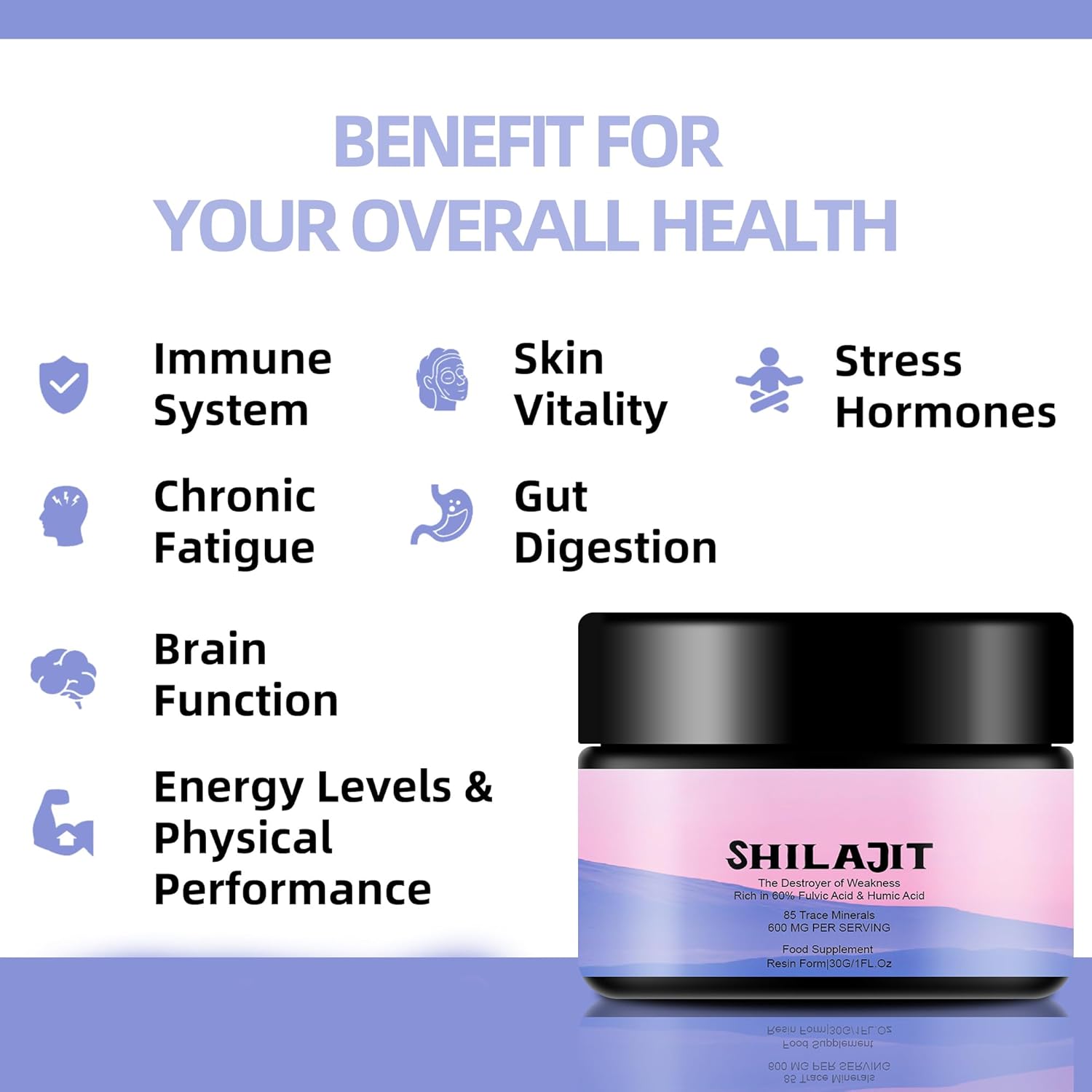 600mg Shilajit Pure Himalayan Organic Resin - High Potency 85+ Trace Minerals & Fulvic Acid for Energy & Immune Support - 30g