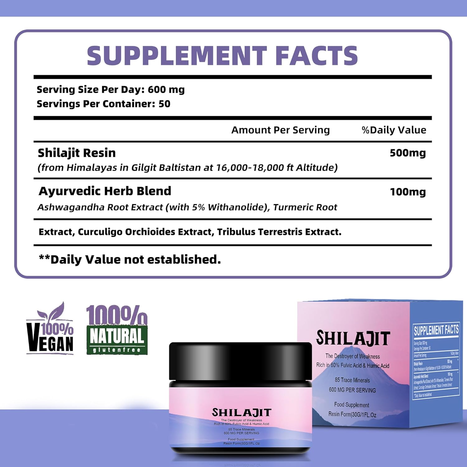600mg Shilajit Pure Himalayan Organic Resin - High Potency 85+ Trace Minerals & Fulvic Acid for Energy & Immune Support - 30g