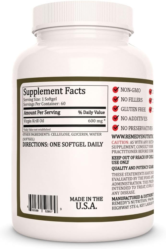 600mg Virgin Krill Oil Softgels with Omega-3 EPA & DHA | Two Month Supply | Non-GMO, Gluten Free, Additive Free