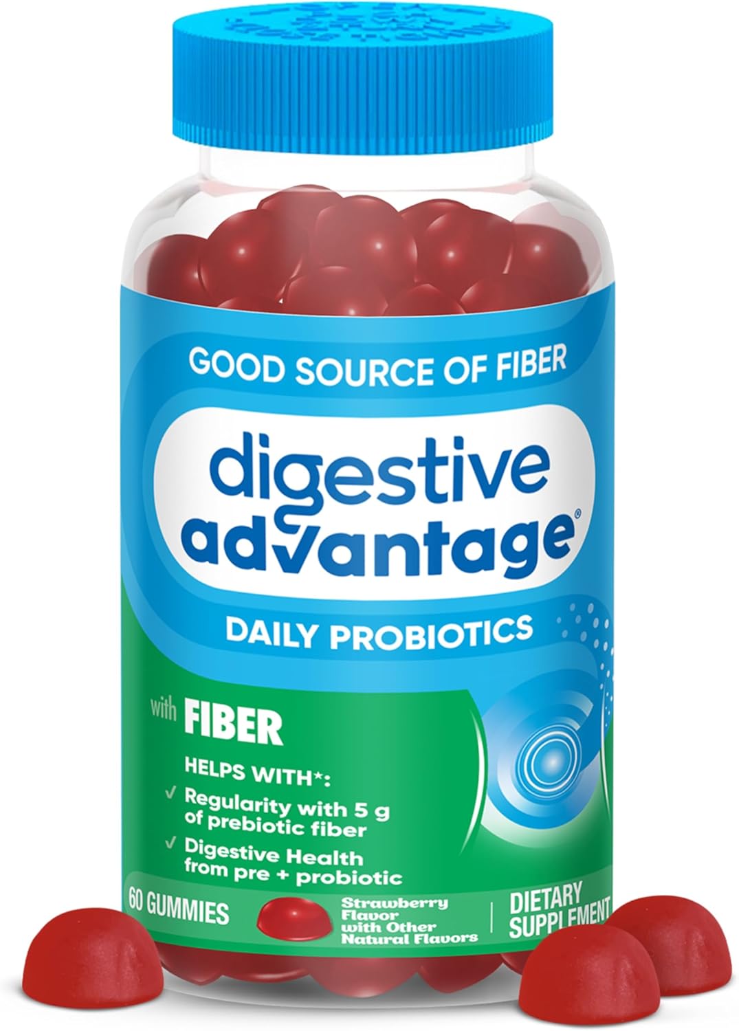 60ct Digestive Advantage Prebiotic Fiber & Probiotics Gummies for Adults, Strawberry Flavor - Promotes Digestive Health & Regularity for Women & Men