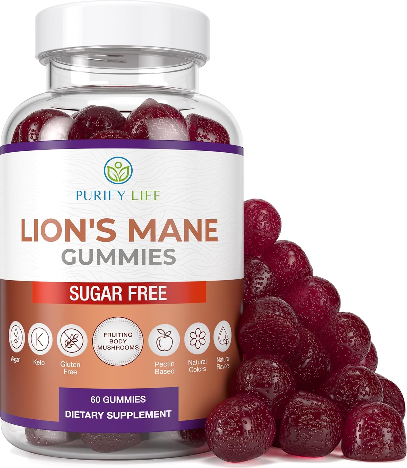 60ct Sugar-Free Lions Mane Nootropic Gummies for Brain Power - Berry Flavor - Purify Life Supplement for Cognition and Stress