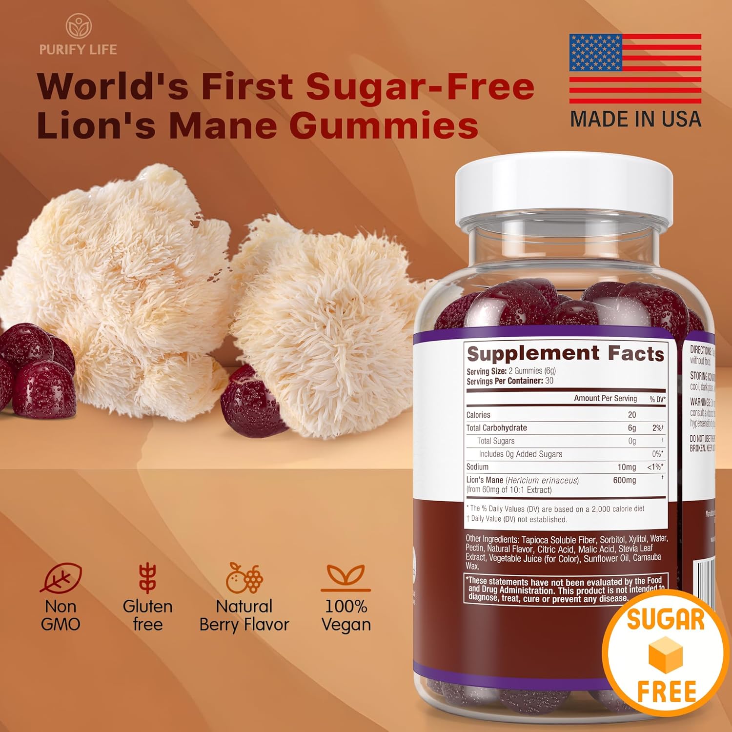 60ct Sugar-Free Lions Mane Nootropic Gummies for Brain Power - Berry Flavor - Purify Life Supplement for Cognition and Stress