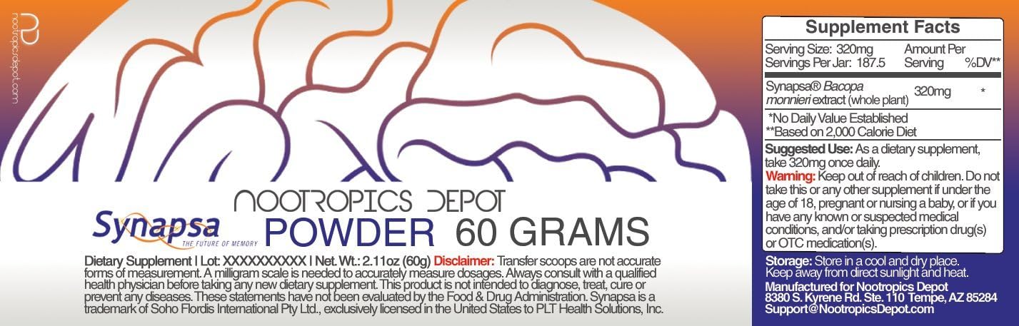 60g Nootropics Depot Synapsa Bacopa Monnieri Powder - Whole Plant Extract for Learning, Memory, Mental Performance - Ayurvedic Supplement - Clinically Proven