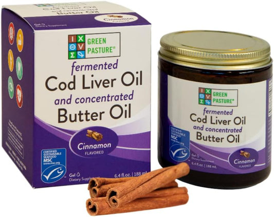 6.4 oz Green Pasture Butter Oil & Fermented Cod Liver Oil Gel with Vitamin A & D, EPA, DHA, Omega Fatty Acids - Cinnamon Flavor