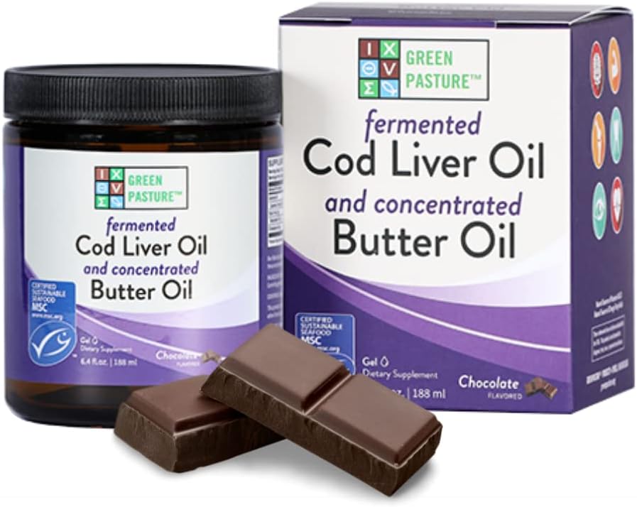 6.4 oz Green Pasture Butter Oil & Fermented Cod Liver Oil Gel with Vitamin A & D, EPA, DHA, Omega Fatty Acids - Chocolate Flavor