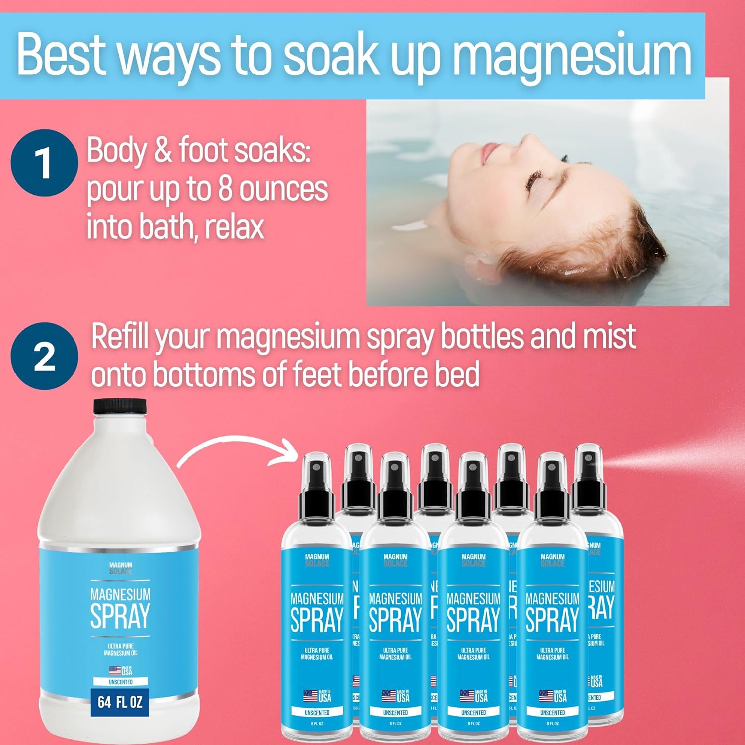 64 oz Magnum Solace Pure Magnesium Oil Spray - USP Grade, Made in USA