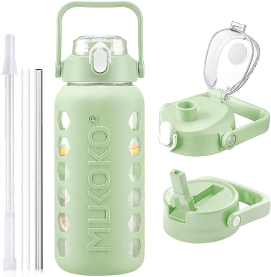 64oz Glass Water Bottle with 2 Lids, Straws, Measurements, Silicone Sleeve - 2L Sports Water Jug, Leakproof, Green