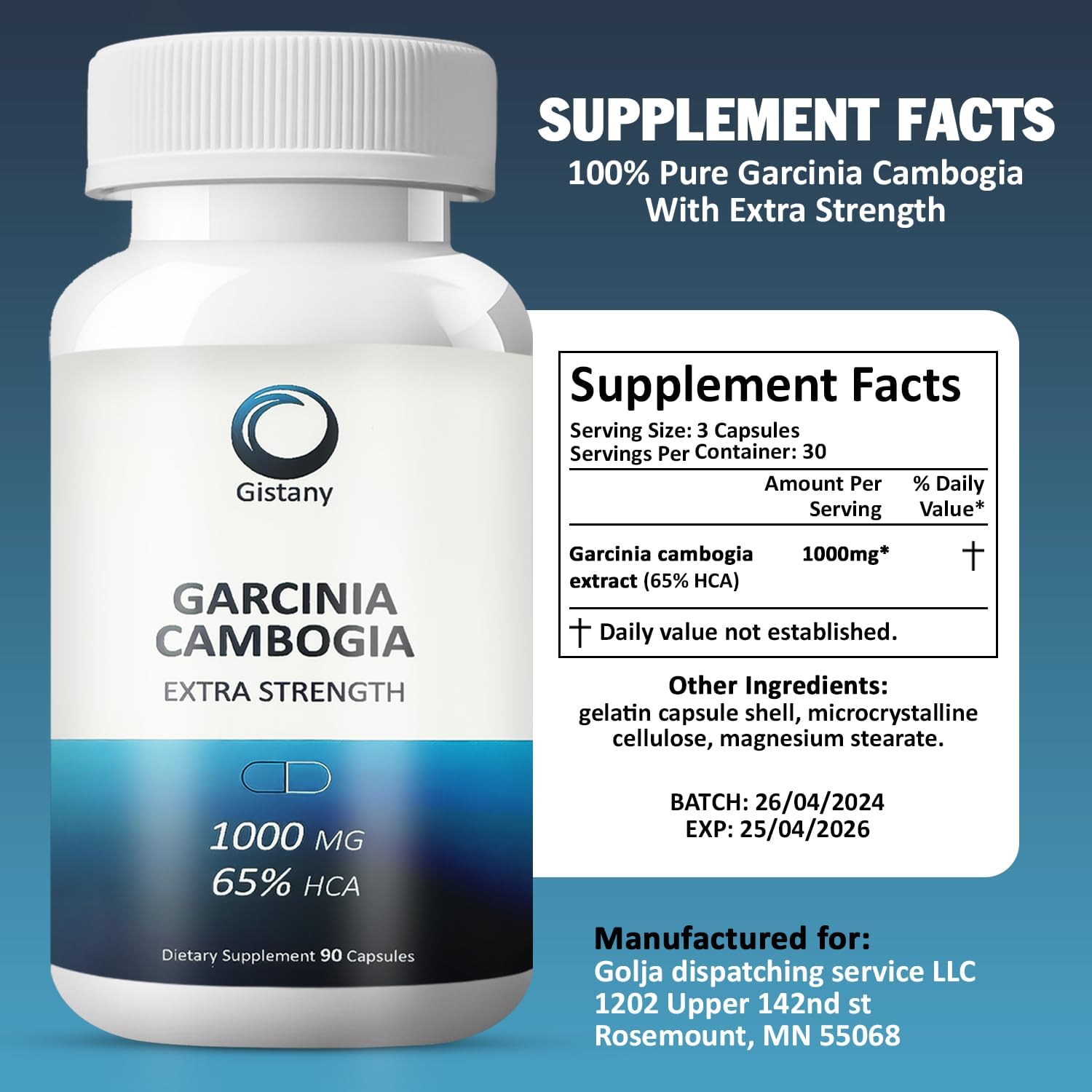 65% HCA Pure Garcinia Cambogia Weight Loss Pills for Appetite Control - Extra Strength Dietary Supplement for Men and Women