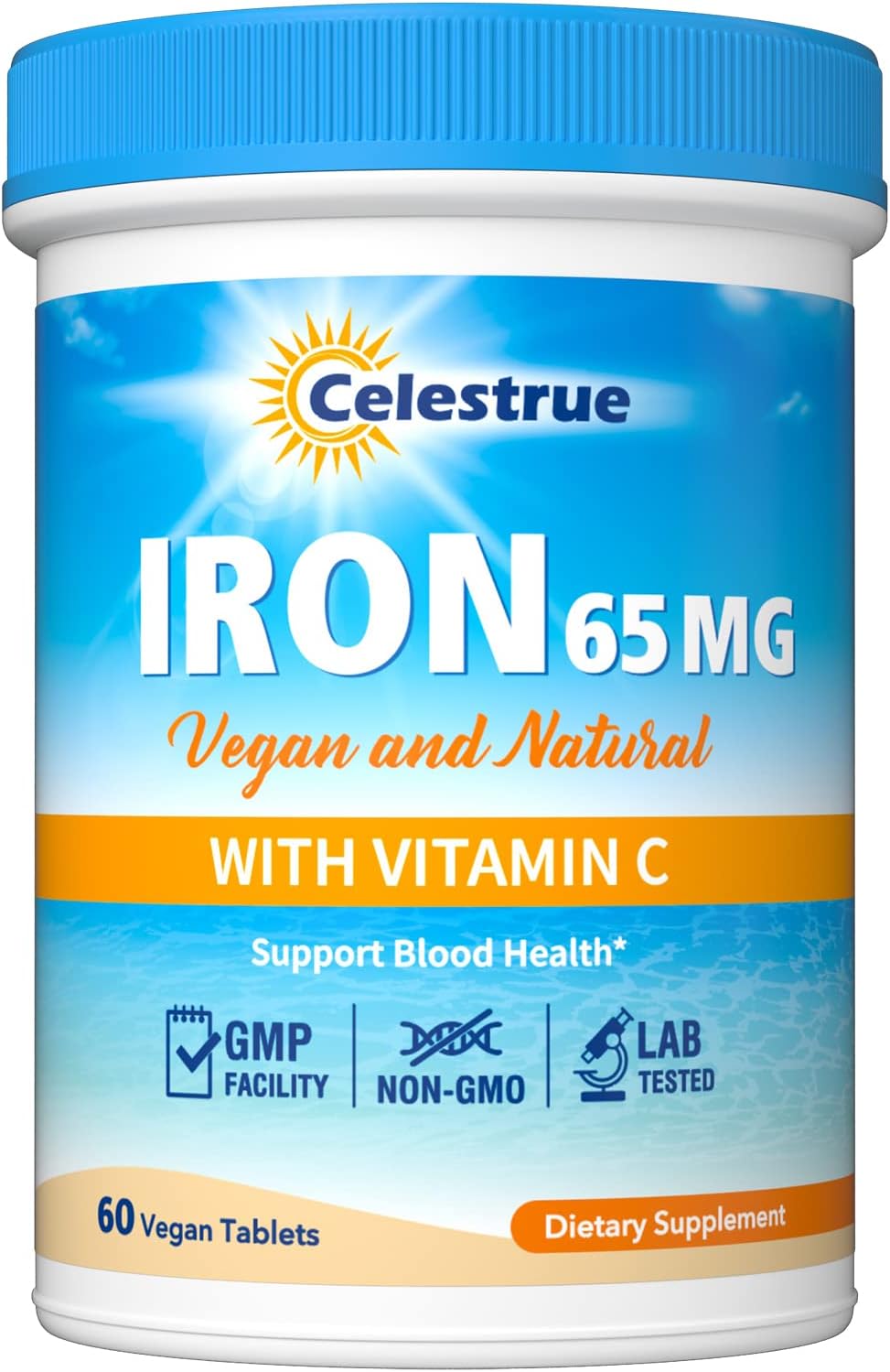 65mg Carbonyl Iron & 250mg Vitamin C Iron Supplement for Blood Building, Stomach-Friendly Iron Pills for Men & Women, Vegan, Non-GMO, Gluten-Free - 60 Tabs