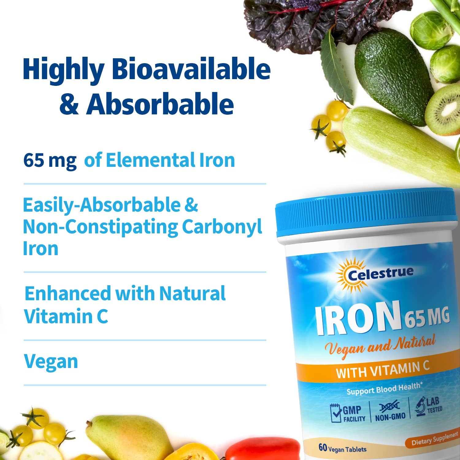 65mg Carbonyl Iron & 250mg Vitamin C Iron Supplement for Blood Building, Stomach-Friendly Iron Pills for Men & Women, Vegan, Non-GMO, Gluten-Free - 60 Tabs