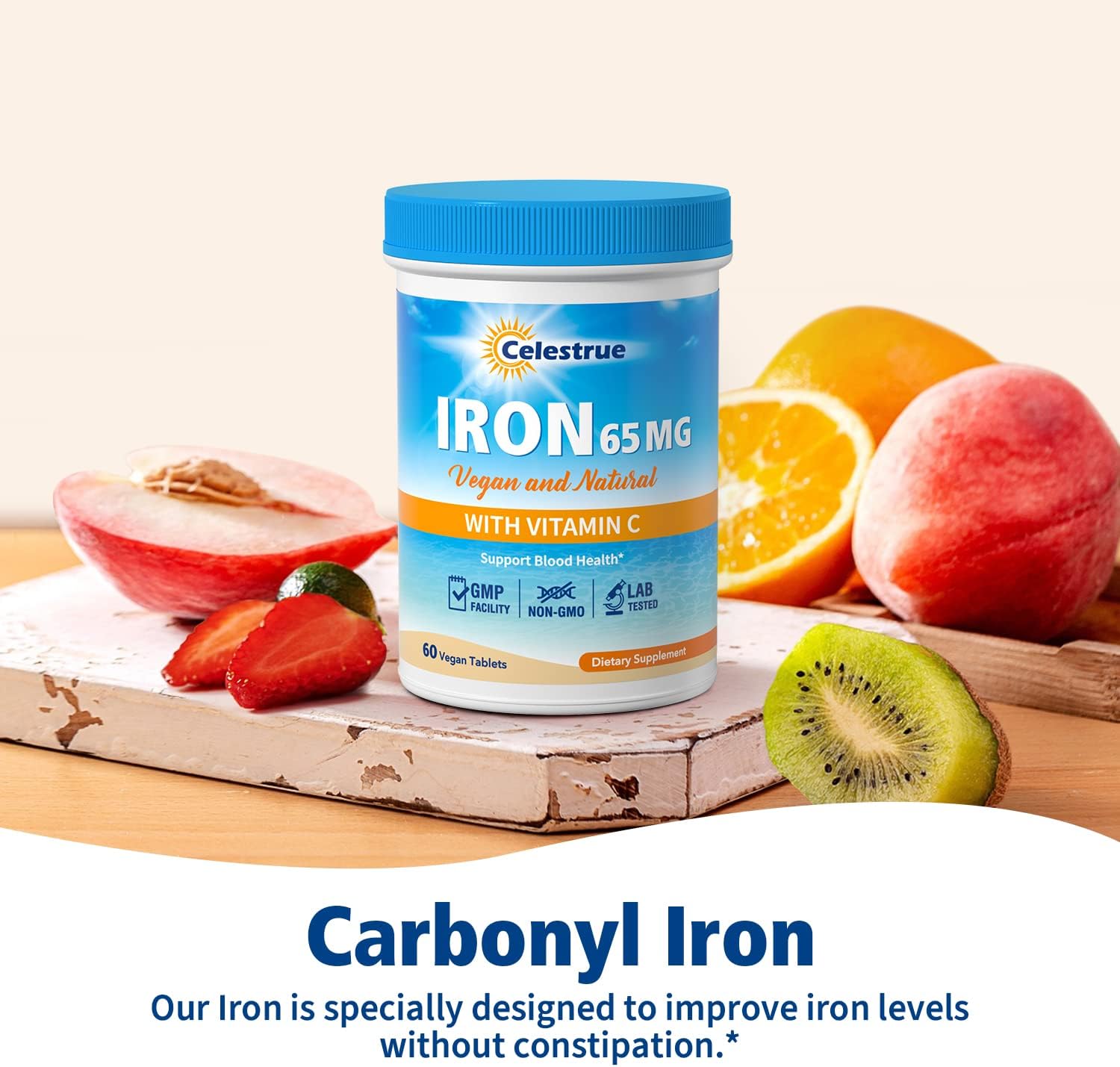 65mg Carbonyl Iron & 250mg Vitamin C Iron Supplement for Blood Building, Stomach-Friendly Iron Pills for Men & Women, Vegan, Non-GMO, Gluten-Free - 60 Tabs