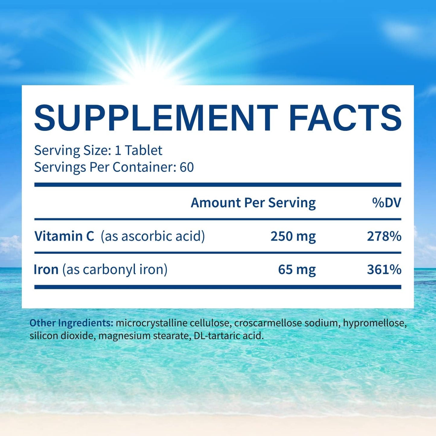 65mg Carbonyl Iron & 250mg Vitamin C Iron Supplement for Blood Building, Stomach-Friendly Iron Pills for Men & Women, Vegan, Non-GMO, Gluten-Free - 60 Tabs